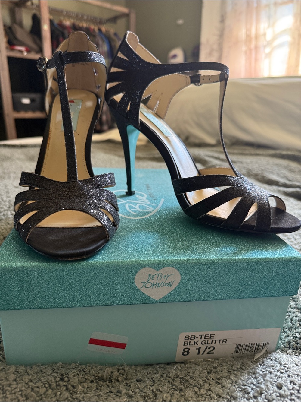 Betsey Johnson Black Glitter T-Strap Stilettos